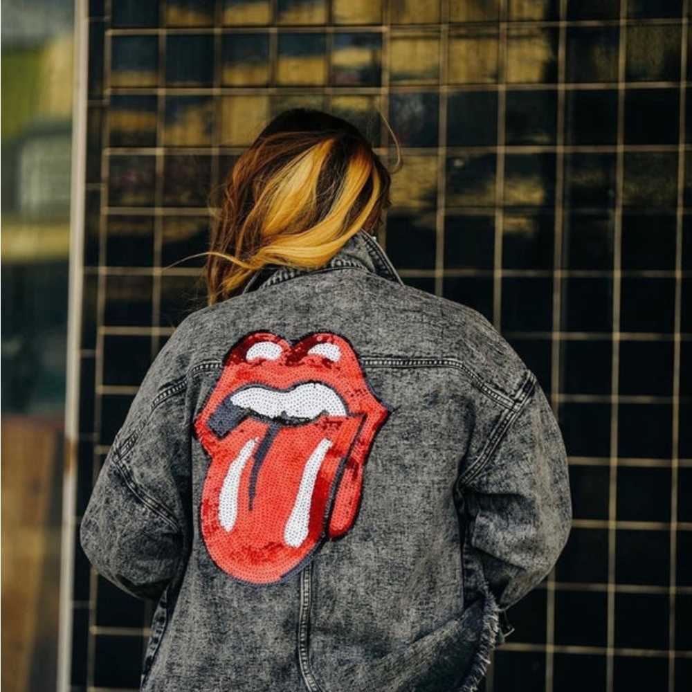 Gray Washed Denim Jacket with Red Sequin Tongue Patch